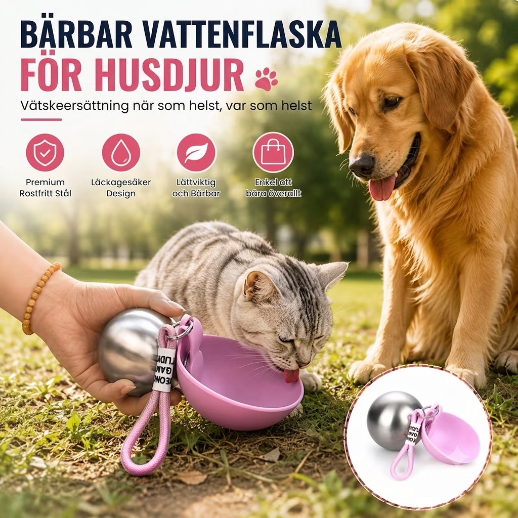 Bärbar vattenflaska för Hund & Katt - 285 ml i rostfristål